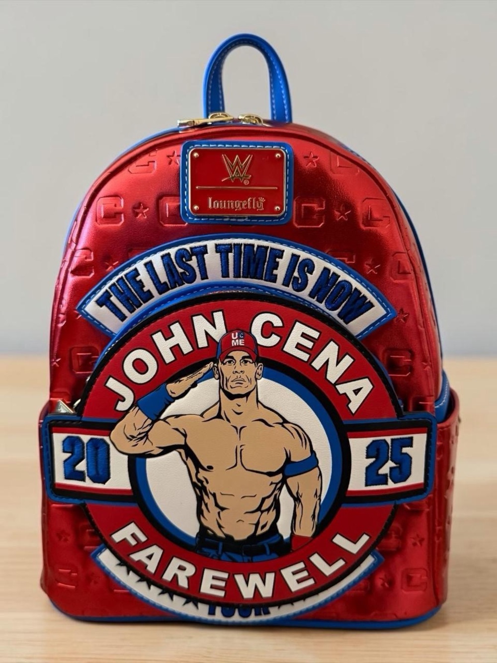 Loungefly Red John Cena Farewell Mini Backpack with Blue and White Accents